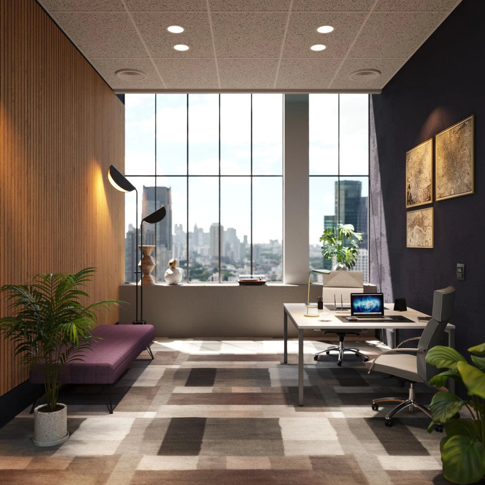 C-Sense Bench Desk with Grey Armchair and Purple Upholstered Bench