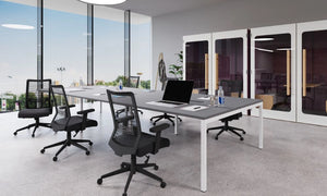 C Sense Bench Desk with Grey Top and White Legs with Dark Grey Mesh Back Chair 2