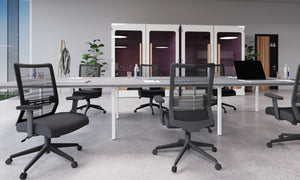 C-Sense Bench Desk with Grey Top and White Legs with Dark Grey Mesh Back Chair