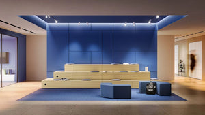 Cushion for Podium Modular Bench in Blue Finish Attached to Veneer Bench Seating with Blue Modular Soft Seating