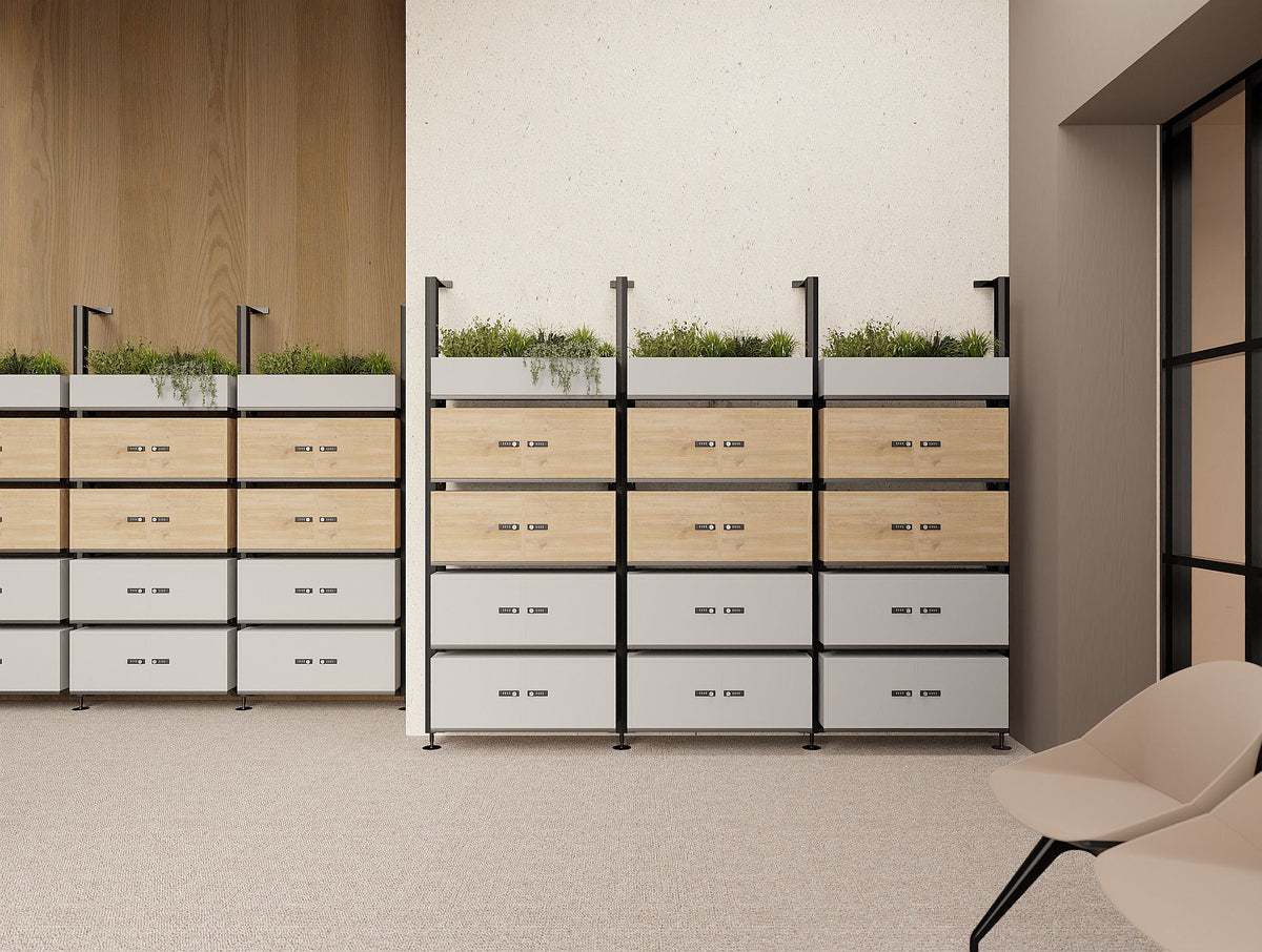 Decora Against the Wall Lockers with Planters in Black Frame Finish with Malin Beam Setting in Beige Finish in Breakout Setting