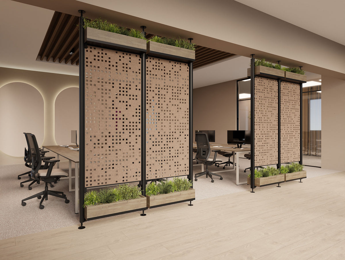 Decora Modular End of Desk Double Acoustic Panel with Planters in Brown Finish Together with Key Meeting Table and Jersey Task Chair in Modern Office Setting