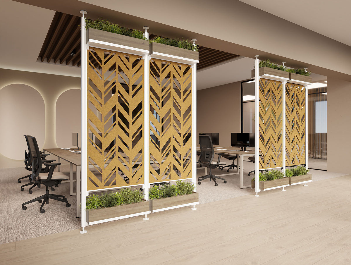 Decora Modular End of Desk Double Acoustic Panel with Planters in Golden Yellow Finish Together with Key Meeting Table and Jersey Task Chair in Modern Office Setting