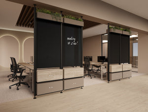 Decora Modular Glassboard and Lockers in Black Frame Finish with Jersey Ergonomic Task Chair and Key Meeting Table in Modern Office Setting