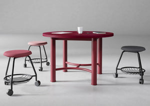 Demino Hightop Table with Foot Railing in Burgundy with Stools with Castors in Different Finishes