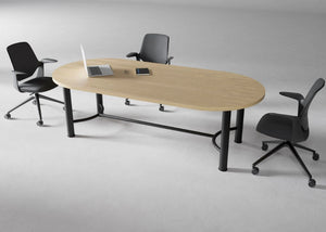 Demino Table with Foot Railing in Natural Oak Top Finish and Black Legs with Dark Grey Office Chair with Castors