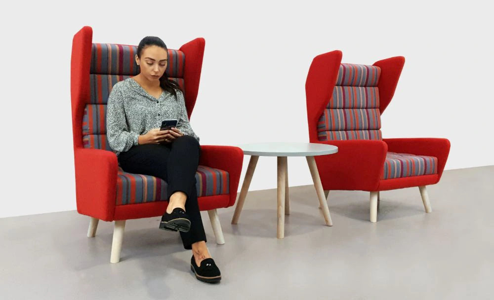 Douglas Single Seater Wing High Back Chair in Red and Stripe Finish with White Top Round Side Table