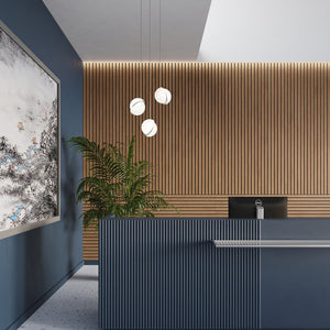 Ezobord Balsa Wooden Wall Panels With Indoor Plant And Ceiling Light In Reception Setting