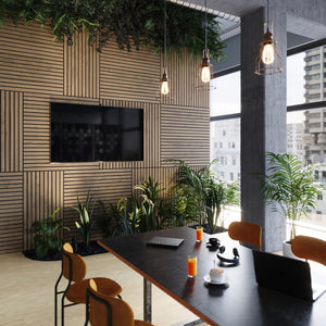 Ezobord Balsa Wooden Wall Panels With Plant And Office Chair In Meeting Room Setting