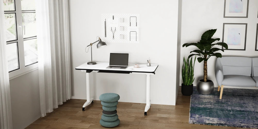 FlipMe Convertible Standing Desk with Banffy Stool in Home Office Setting 2