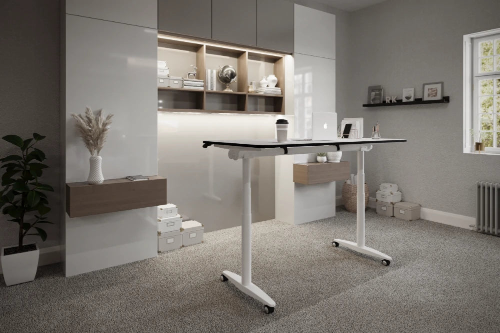 FlipMe Convertible Standing Desk with Wooden Shelving in Home Office Setting