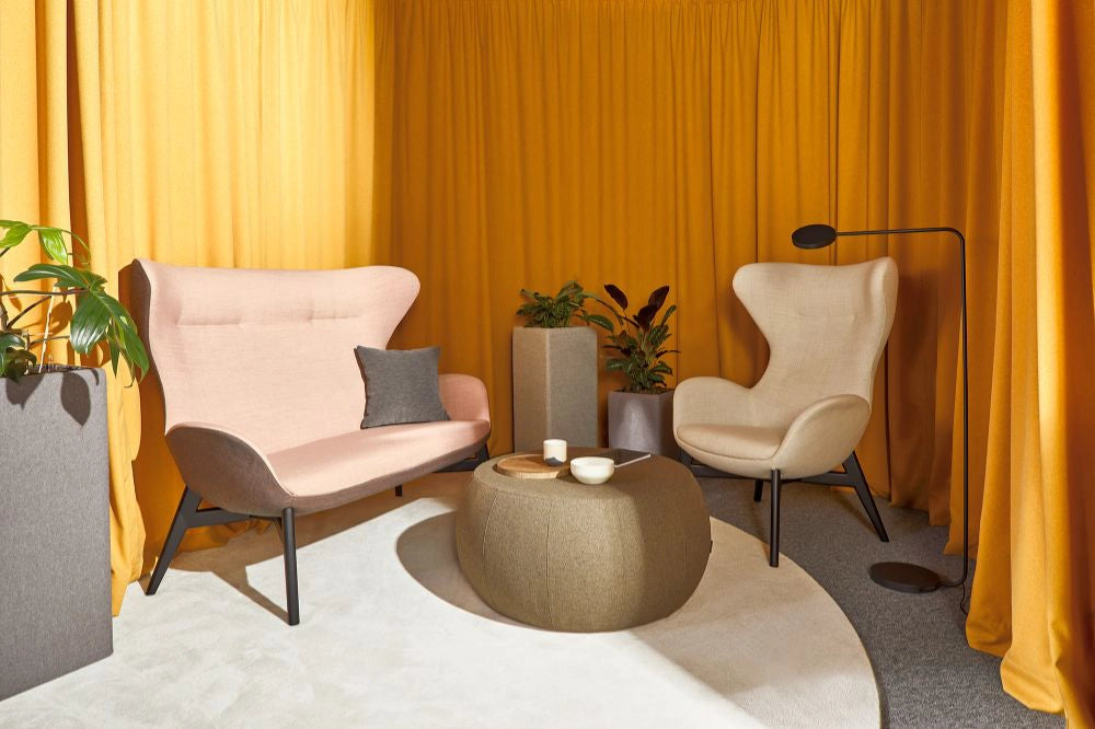 Floris Upholstered Pot in 2 Different Finishes with Red and Grey Upholstered Armchair and 2 Seater and Upholstered Coffee Table