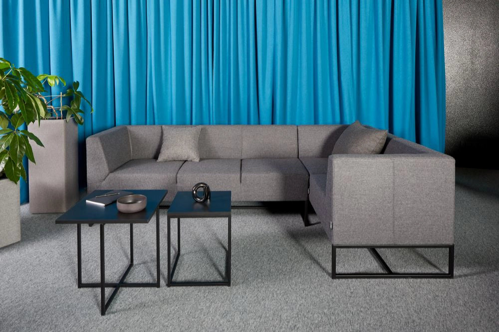 Floris Upholstered Pot in Grey with Grey Soft Seating and Black Coffee Tables