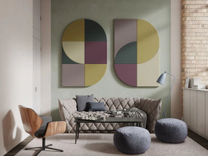 Fluffo Art Fan Acoustic Wall Panel in Fig Colour Set with Grey Sofa and Pouffes in Breakout Area