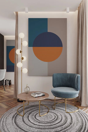 Fluffo Art Ring Acoustic Wall Panel with Grey Armchair with Gold Frame and Round Coffee Table in Waiting Area Setting