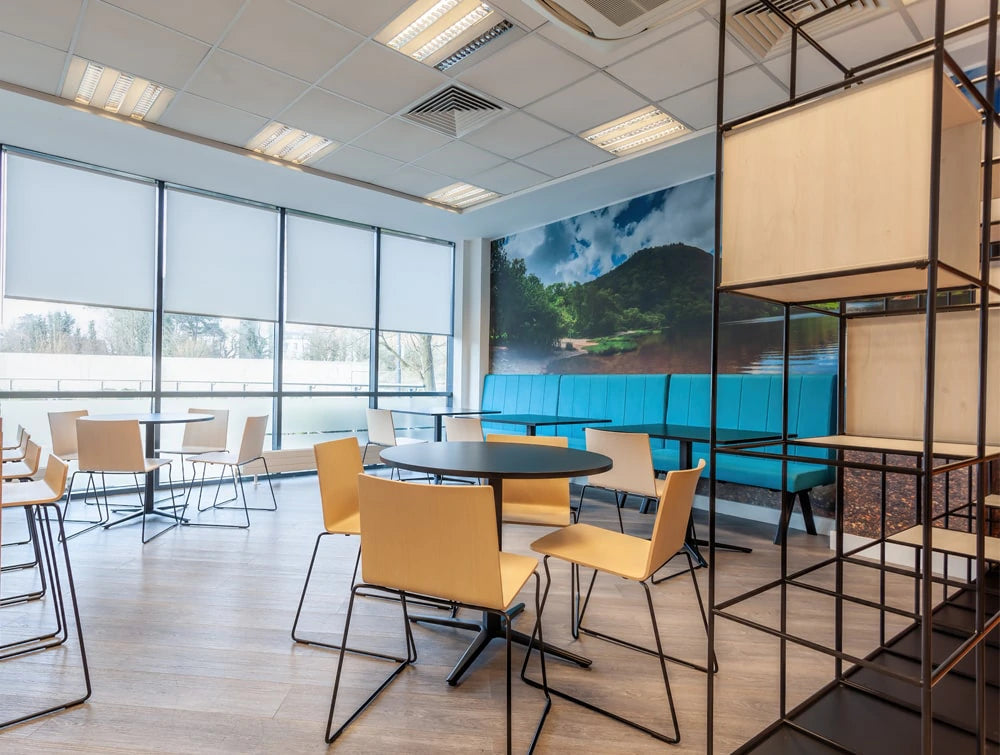 Fold Ireland Office Canteen Black Round Tables With Yellow Stackable Seats