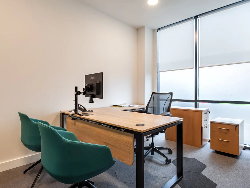 Fold Ireland Office Executive Manager Beech Desk With Modesty Panel Storage And Tub Visitor Chairs