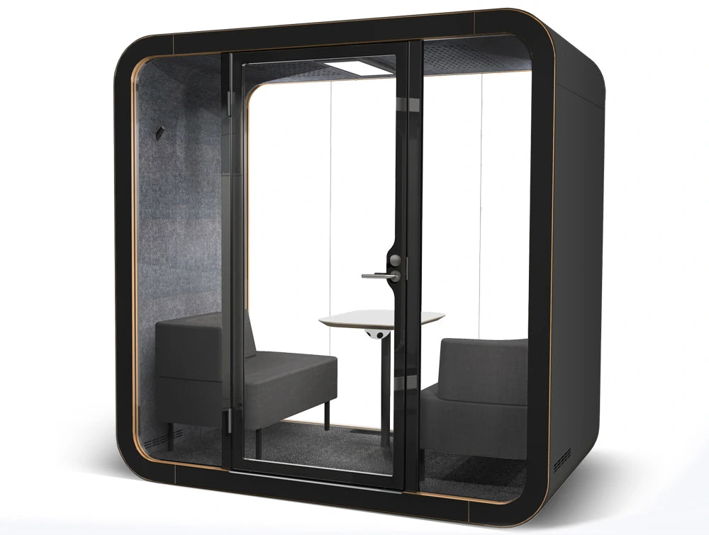 Framery Smart Office Acoustic Meeting Pod With Black Exterior And Chairs