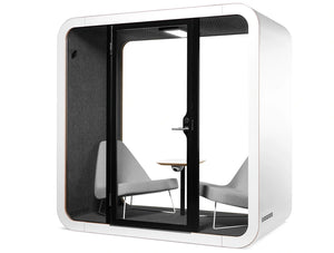 Framery Smart Office Acoustic Meeting Pod With Grey Chairs And Turnable Table