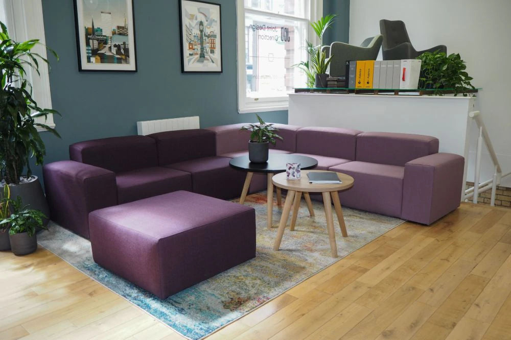 Frank Modular Upholstered Seating in Aubergine Finish with Round Top Tables
