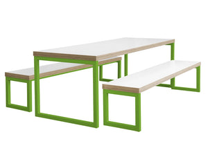 Frovi Block Steel Colour Table And Bench With White Finish And Green Frame