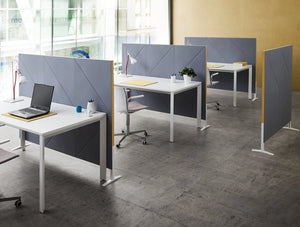 Gaber Diamante Acoustic Grey Wall Panel As Desk Partitions In Office Interiors With Laptops And Chairs 