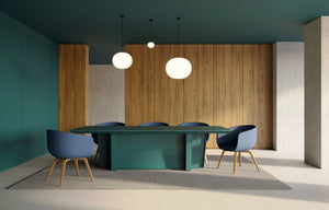 Gravos Conference Table in Green Finish with Blue Armchair in Modern Office Setting