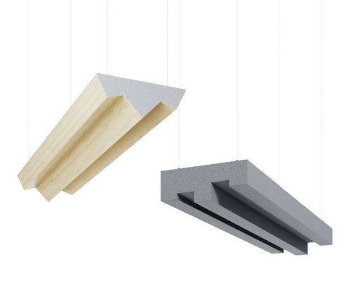 Ezoboard Hanging 3D Summit Acoustic Baffle In Beige Finish With Blue Tub Chair And Wooden Podium In Conference Room Setting