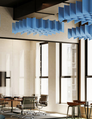 Ezoboard Hanging Sheet Ceiling Panel In Blue Finish With Brown Boardroom Armchair And Wooden Table In Meeting Room Setting