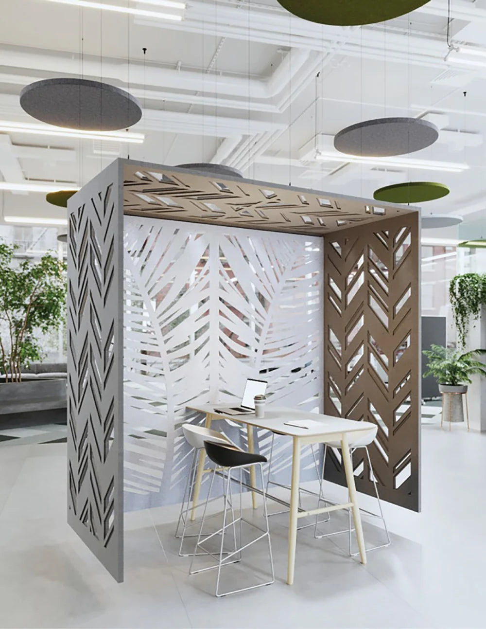 Ezoboard Hanging Suspended Office Partition In Two Toned Finish With Black High Stool And Wooden High Table In Breakout Setting
