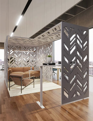 Ezoboard Hanging Suspended Office Partition In White Finish Withhanging Ceiling Light And White Table In Restaurant Setting