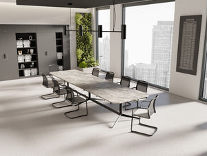 Harmon Triple Base Rectangular Curved Meeting Room Table with Black Finish Vela Sled Base Meeting Room Chair and Key Modular Bookcase in Meeting Room Setting 3