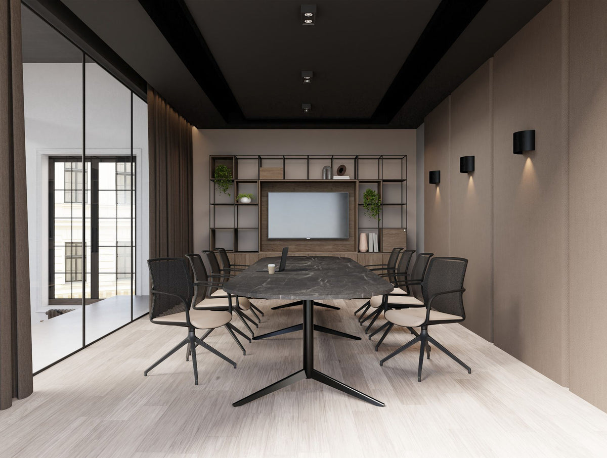 Harmon Triple Base with Oval Top Table in Black Marble Top Finish with Vela Meeting Room Chair in Pyramidial Base with Ionic Cube Grid Large Media Unit on Tall Storage in Meeting Room Setting