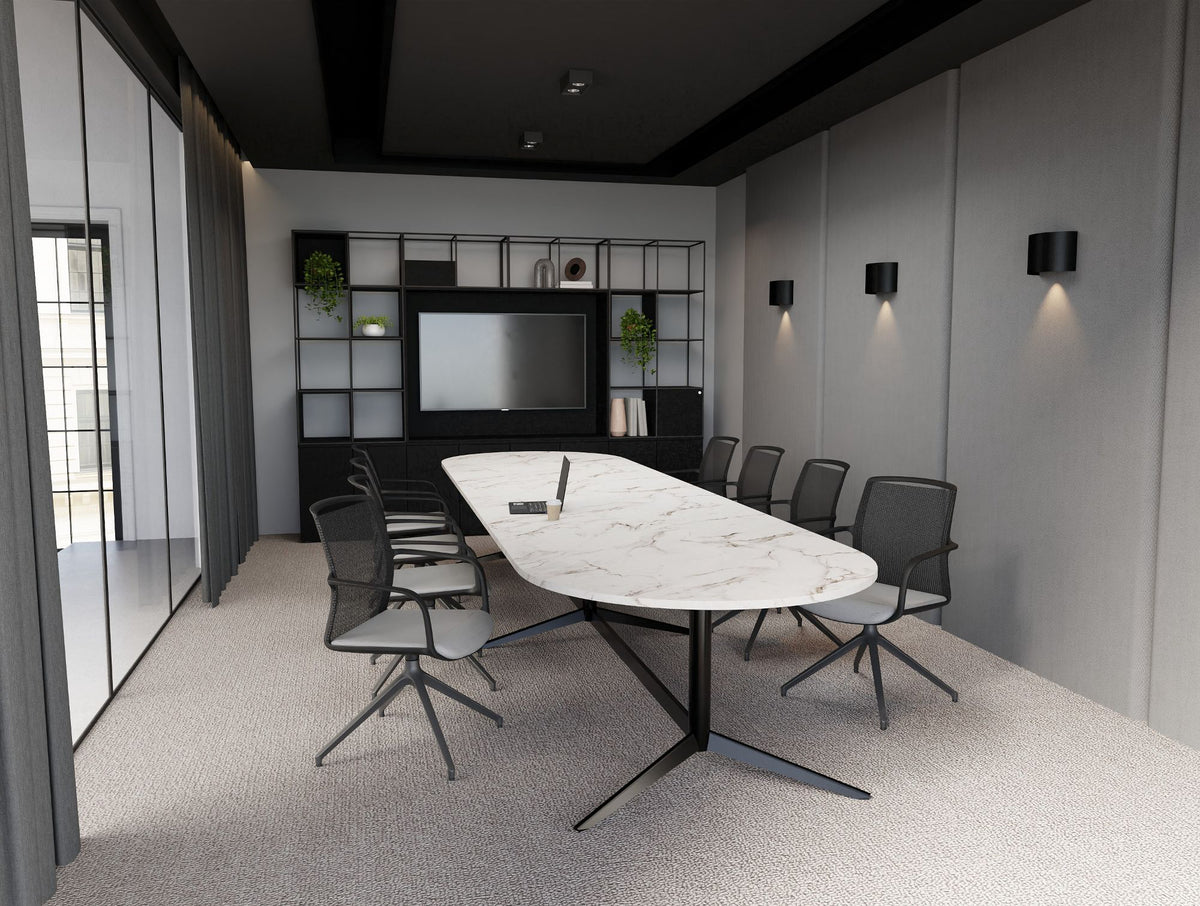 Harmon Triple Base with Oval Top Table in White Marble Top Finish with Vela Meeting Room Chair in Pyramidial Base with Ionic Cube Grid Large Media Unit on Tall Storage in Meeting Room Setting 2