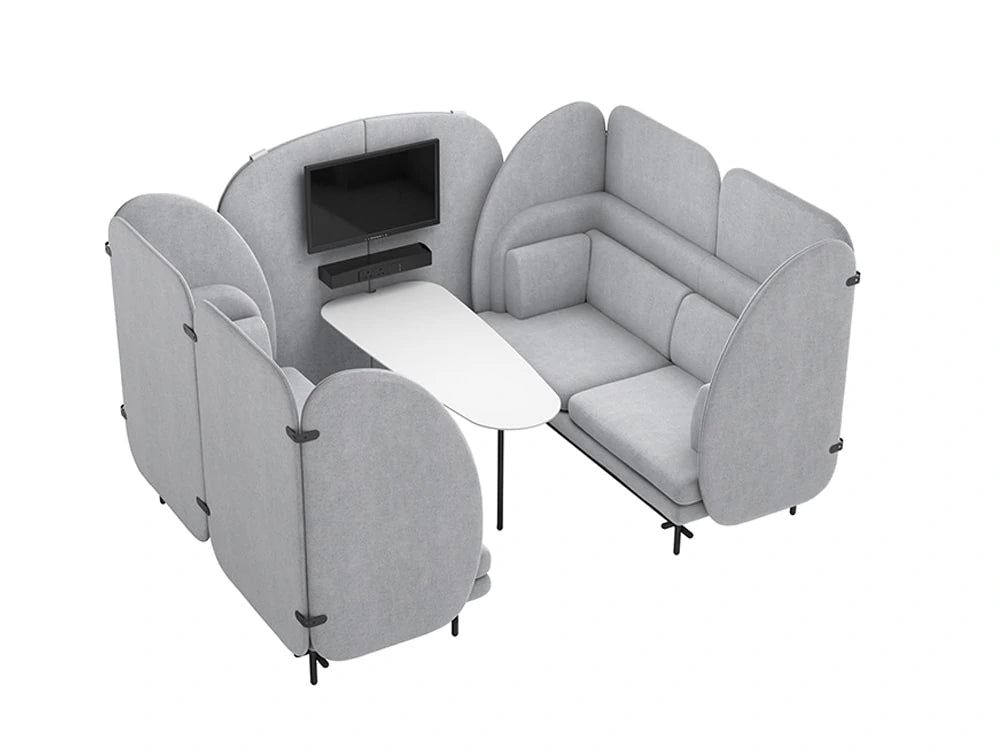 Home 4 Seaters Comfy Indoor Seating Pod In Grey With White Table And Mobile Multimedia Wall With Screen