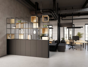Ionic Double Grid Zoning System on Tall Storage with Profil Executive Desk and Credenza Unit and Contour Ergonomic Chair and Decora Modular Zoning System in Modern Office Setting 2