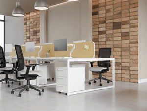 Key 3 Drawer Slimline Pedestal with Aria Ergonomic Chair and Light Desk Screen Attached in Key Bench Desk in Modern Office Setting