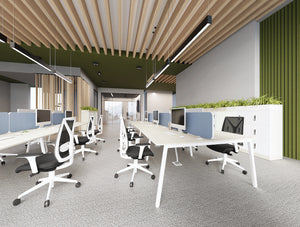 Key Back to Back Bench Oak Desks with Light Desk Screens and Galen Office Chairs with Uno Lockers and Planters in White in Modern Office Setting