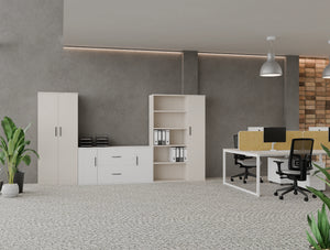 Key Bookcase and Cupboards with Aria Ergonomic Chair and Light Straight Screen Desk Attached in Key Back to Back Bench Desk in Modern Office Setting