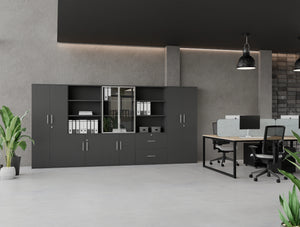 Key Cupboards and Bookcases in Grey Finish with Aria Ergonomic Chair and Light Desk Screen Attached in Key Bench Desk in Modern Office Setting