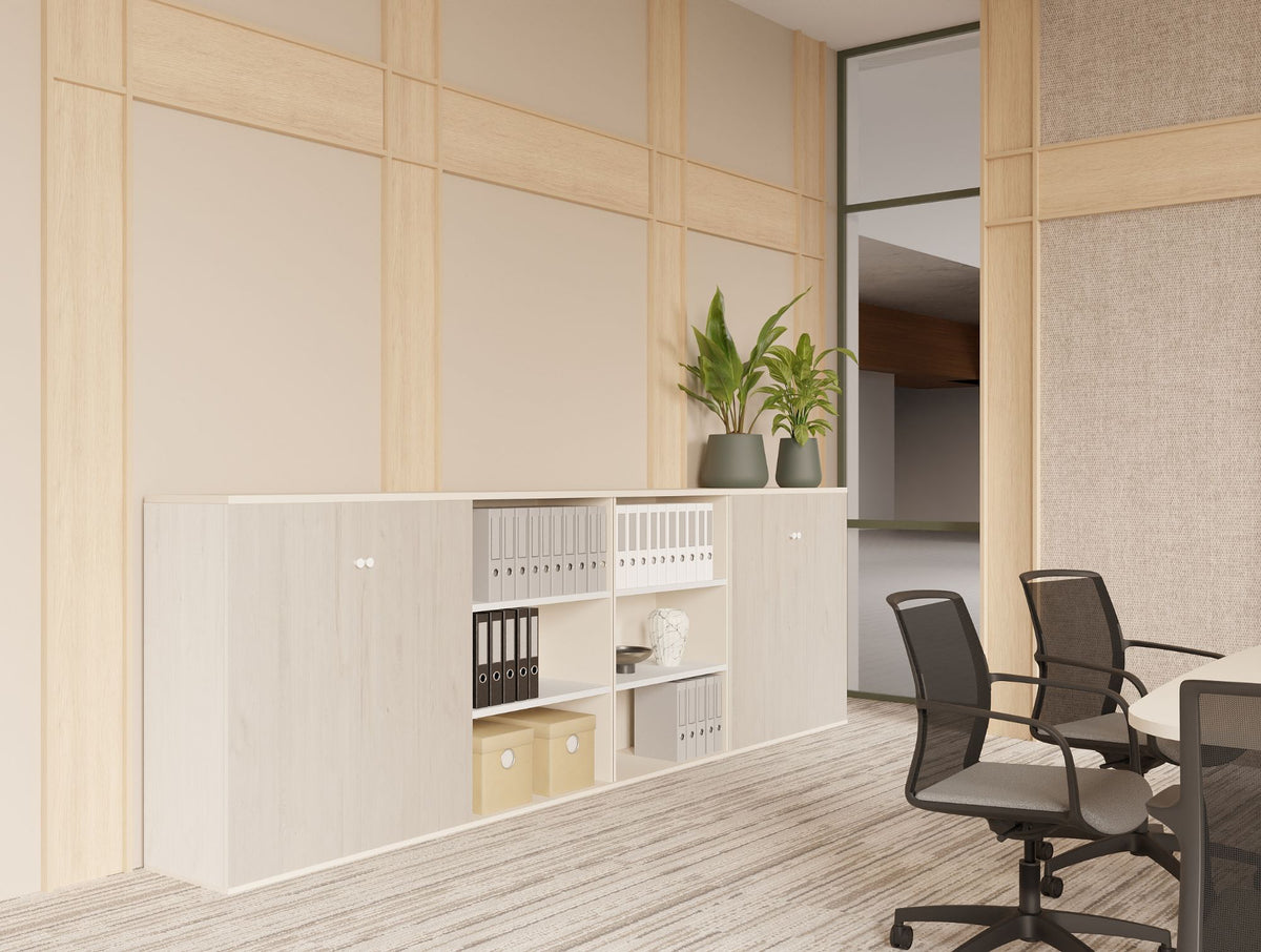 Key Modular 3 Level Storage Wall with Open and Closed Units with Vela Ergonomic Chair in Meeting Room Setting