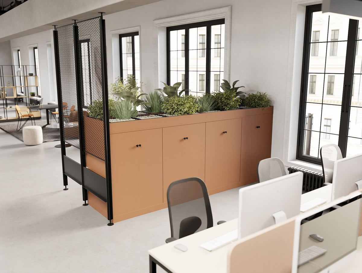Key Modular Wooden Cupboard with Decora Zoning System and Contour Chair and Key Bench Desk and Light Desk Screen and Harmon Round Table and Nexis Glass Top Table and Line Chair in Office
