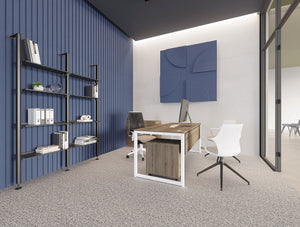 Key Single Bench Desk with Modesty Panel and Decora Modular Shelving Unit with Galen Office Chair and Gesture Office Chair in Modern Office Setting