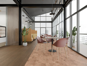 Key in Black Cylinder Base Table with Malin Canteen Chair and Snug Meeting Sofa Booth in Breakout Setting