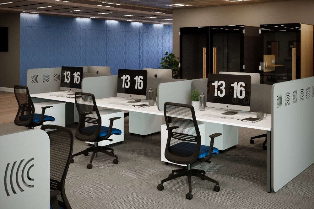 Koala Acoustic Bench Screen in Grey with White Top Table