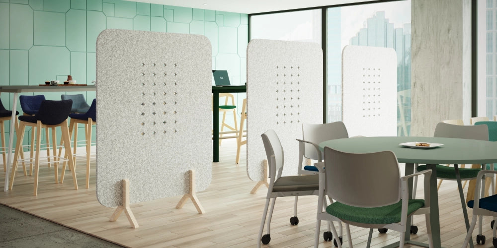 Koala Cutout Freestanding Acoustic Screen in Grey Finish with Green Top Round Table and Grey Chair with Castors