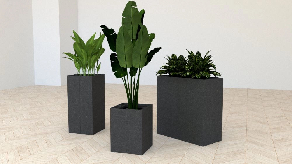 Koala Square Acoustic Planter in Dark Grey Finish in Different Sizes with Plants