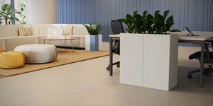 Koala Square Acoustic Planter in Light Grey Finish with Rectangular Bench Desk and Mesh Back Office Chair in Modern Office Setting