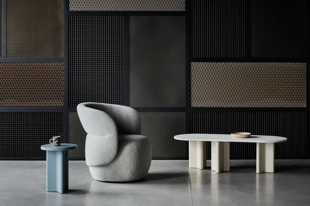 Kori Armchair in Light Grey Finish with White Oval Sgaped Table and Round Side Table