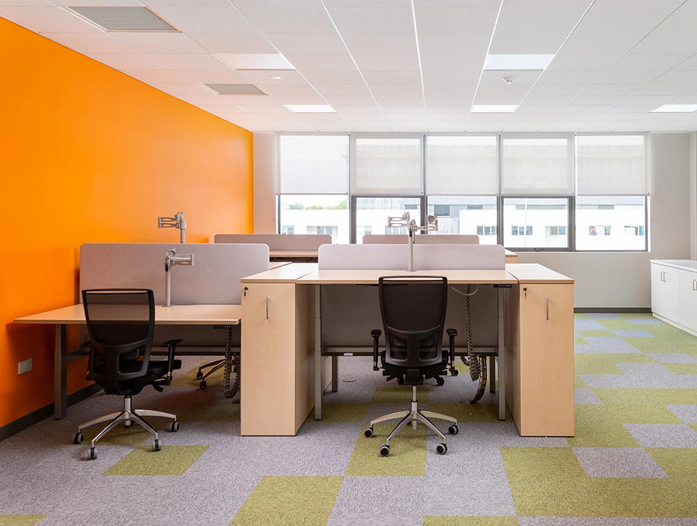 Leap Electric Adjustable Desks With Acoustic Desk Dividers Ergonomic Monitor Arms And Black Mesh Office Chairs